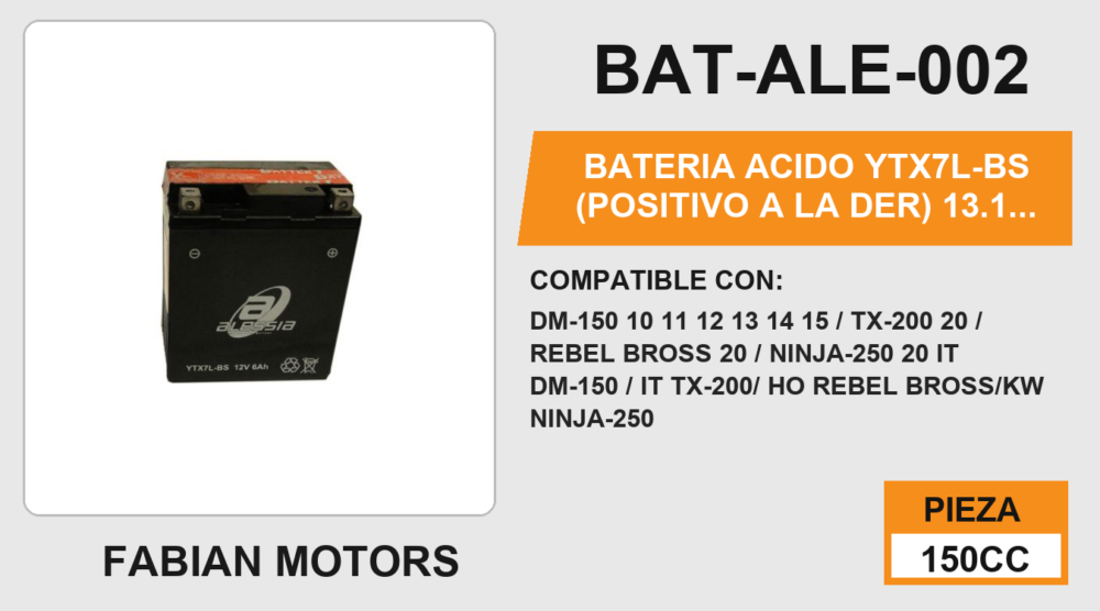 YTX7L-BS (POSITIVO A LA DER) 12Vcc (131mm altura / 114mm base / 72mm ancho)
