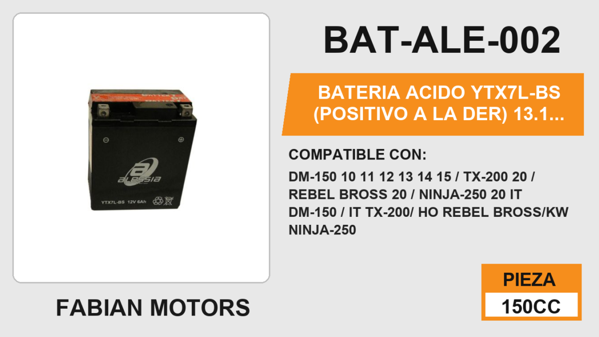 YTX7L-BS (POSITIVO A LA DER) 12Vcc (131mm altura / 114mm base / 72mm ancho)