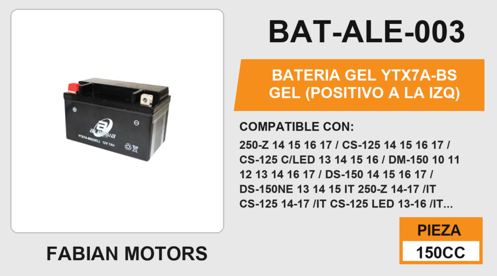 YTX7A-BS GEL (POSITIVO A LA IZQ) 12Vcc (93mm altura / 149mm base / 85mm ancho)