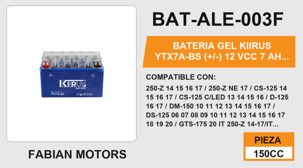 YTX7A-BS (+/-) 12Vcc 7Ah (93mm altura / 149mm base / 85mm ancho)