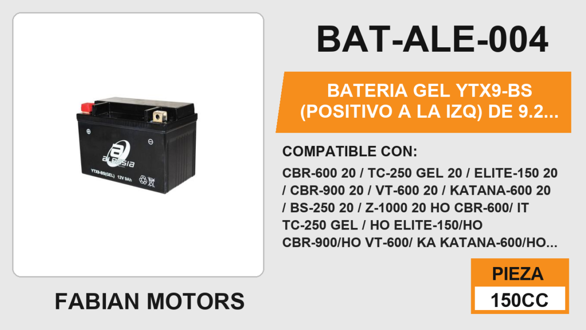 YTX9-BS (POSITIVO A LA IZQ) 12Vcc (92mm altura / 146mm base / 86mm ancho)