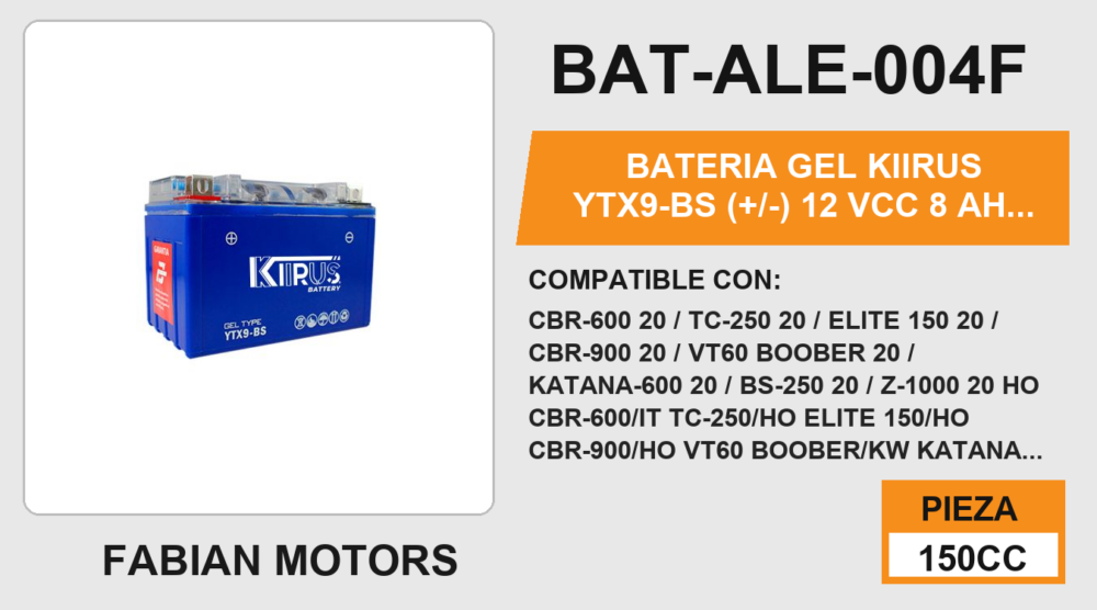 YTX9-BS (+/-) 12Vcc 8Ah (92mm altura / 146mm base / 86mm ancho)