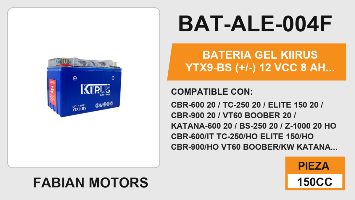 YTX9-BS (+/-) 12Vcc 8Ah (92mm altura / 146mm base / 86mm ancho)