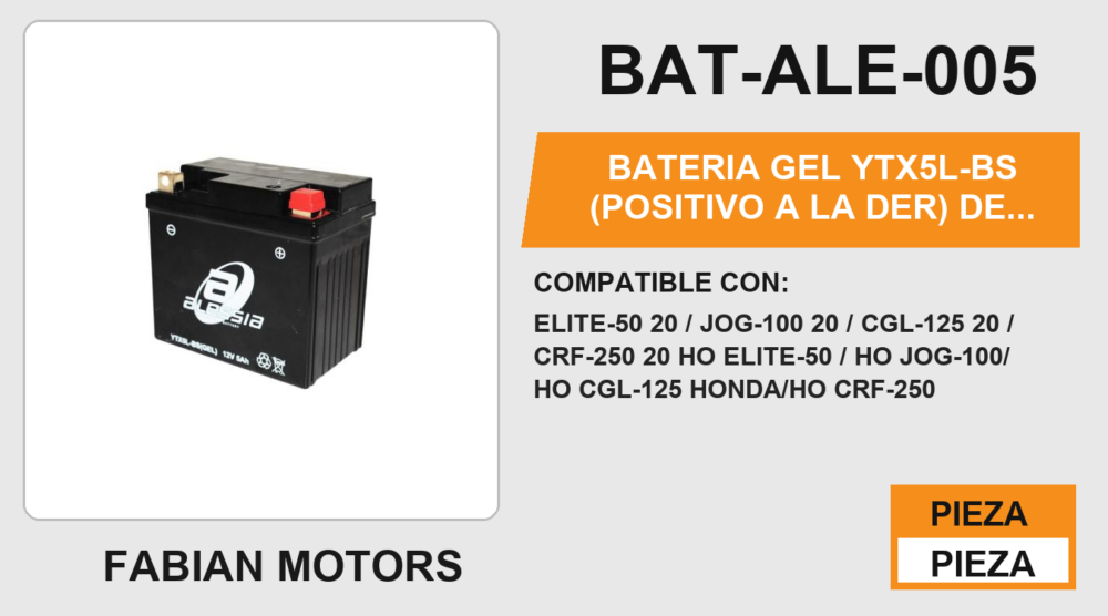 YTX5L-BS (POSITIVO A LA DER) 12Vcc (105mm altura / 116mm base / 69mm ancho)