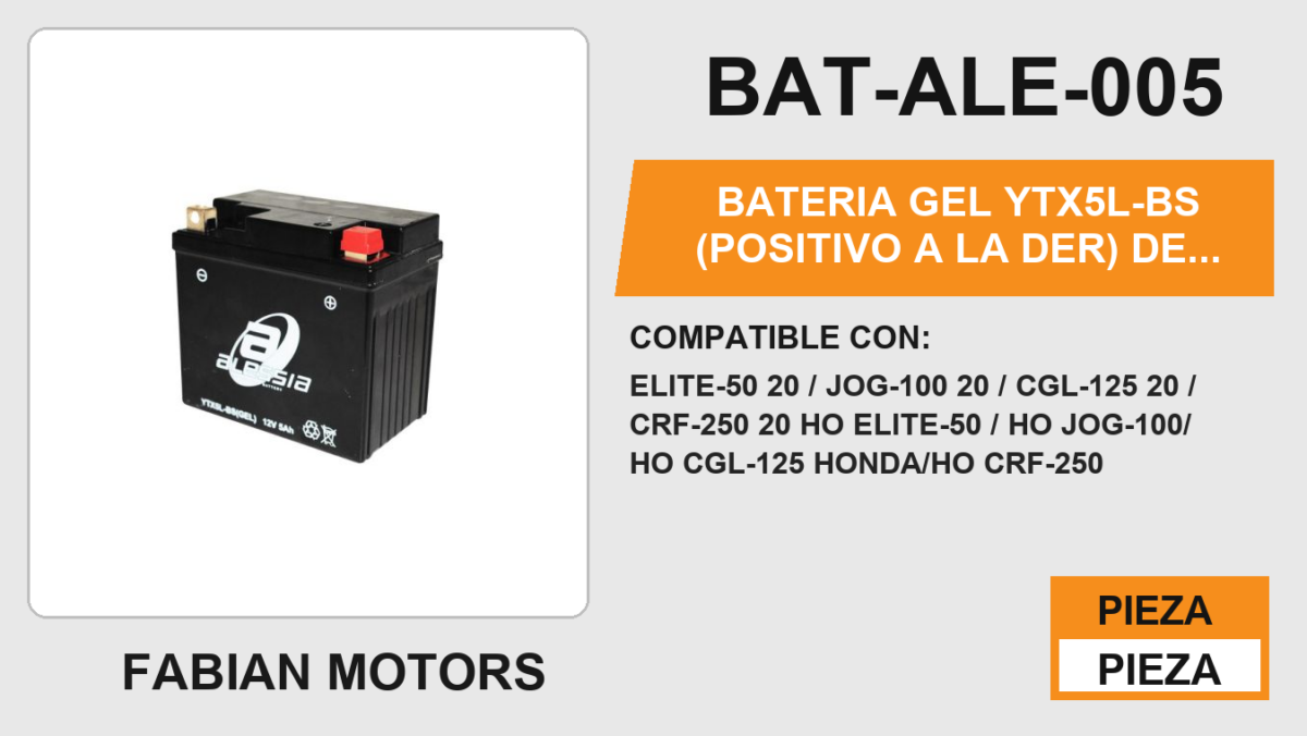 YTX5L-BS (POSITIVO A LA DER) 12Vcc (105mm altura / 116mm base / 69mm ancho)