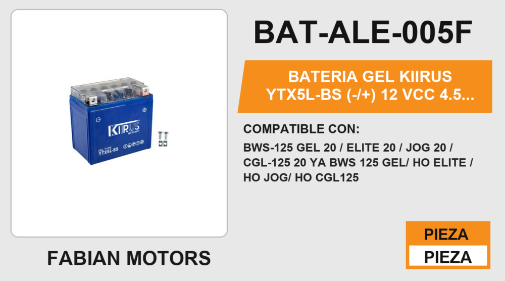YTX5L-BS (-/+) 12Vcc 4.5 Ah (105mm altura / 116mm base / 69mm ancho)