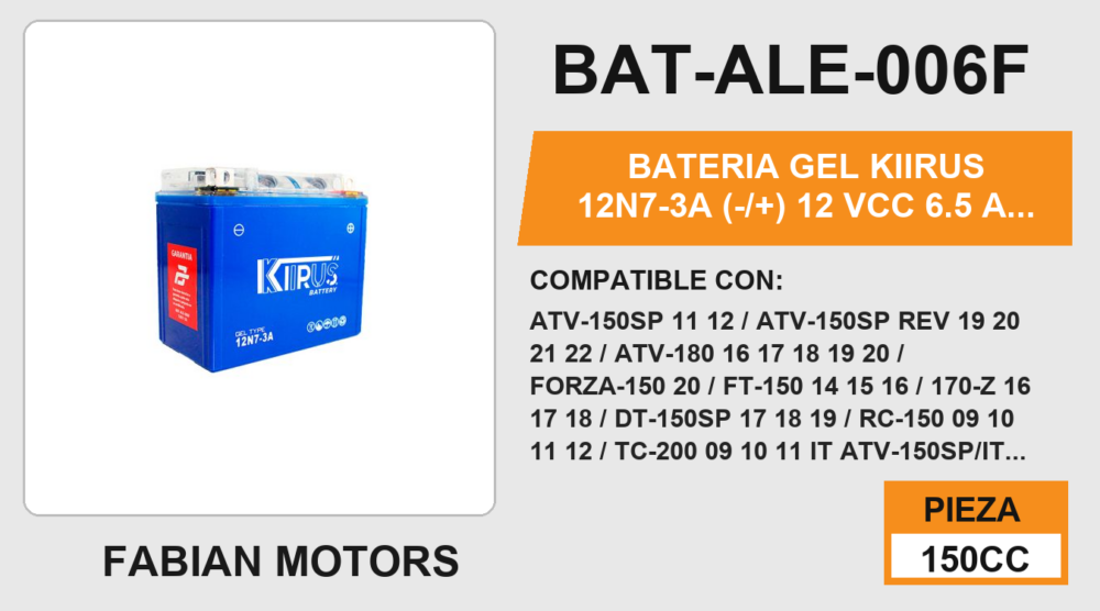 12N7-3A (-/+) 12Vcc 6.5A (136mm altura / 122mm base / 77mm ancho)