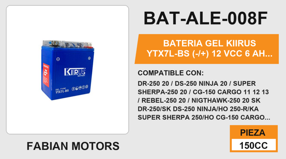 YTX7L-BS (-/+) 12Vcc 6Ah (130mm altura / 114mm base / 70mm ancho)