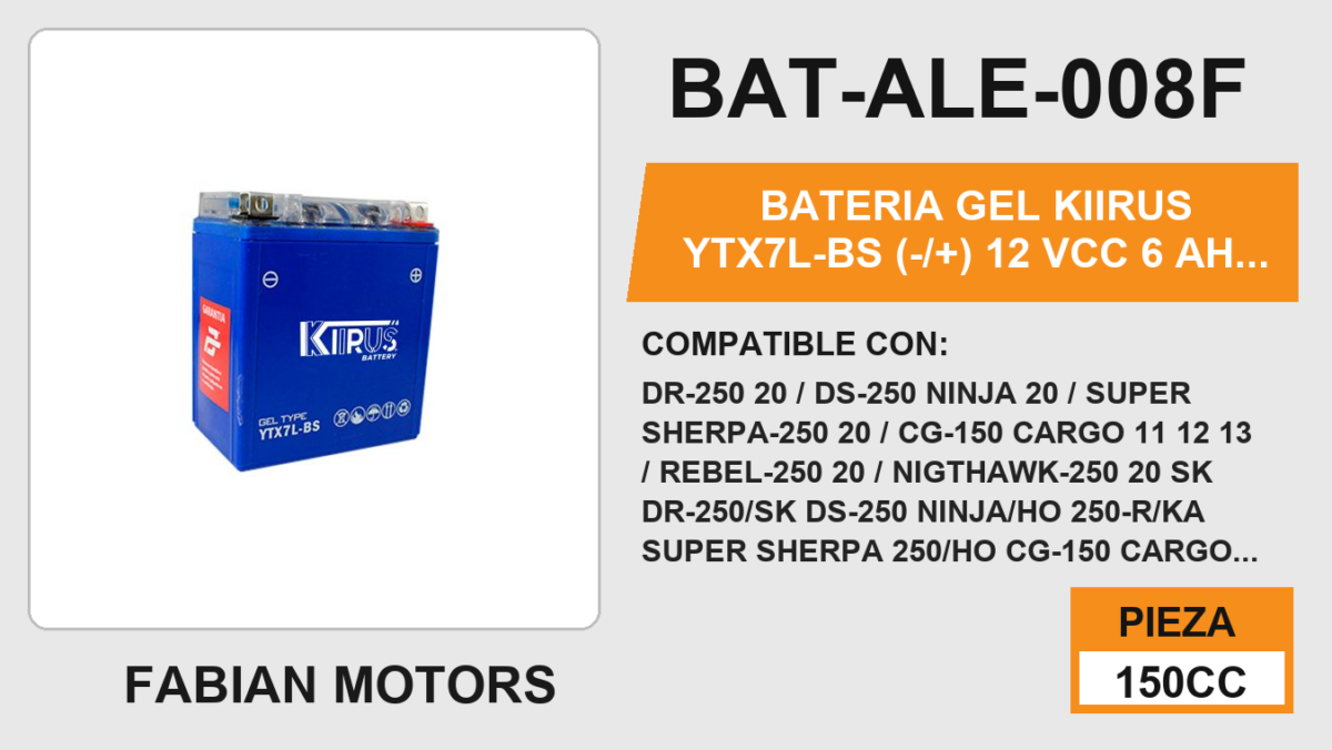 YTX7L-BS (-/+) 12Vcc 6Ah (130mm altura / 114mm base / 70mm ancho)