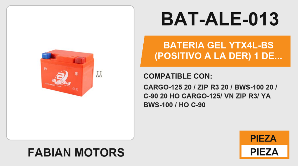 YTX4L-BS (POSITIVO A LA DER) 12Vcc (87mm altura / 114mm base / 70mm ancho)