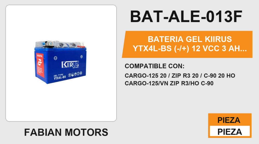 YTX4L-BS (-/+) 12Vcc 3Ah (87mm altura / 114mm base / 70mm ancho)