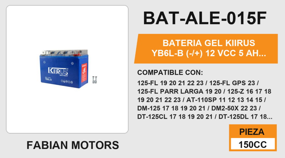 YB6L-B (-/+) 12Vcc 5Ah (95mm altura / 149mm base / 69mm ancho)