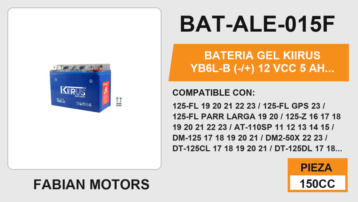 YB6L-B (-/+) 12Vcc 5Ah (95mm altura / 149mm base / 69mm ancho)