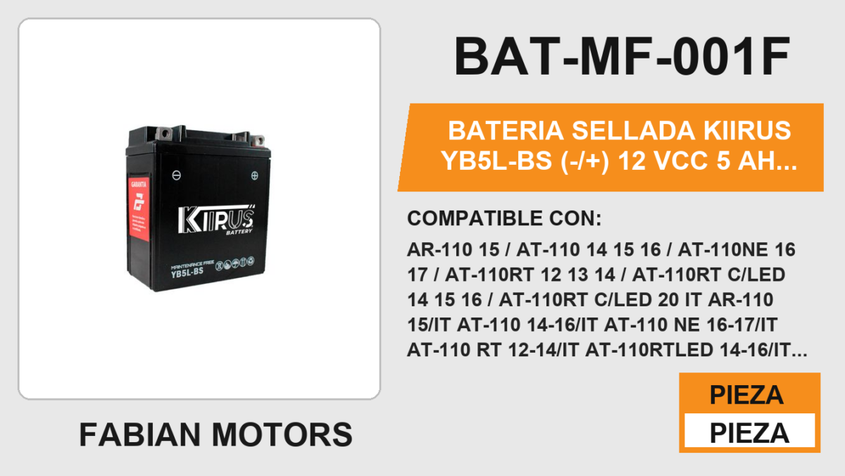 YB5L-BS (-/+) 12Vcc 5Ah (130mm altura / 120mm base / 61mm ancho)