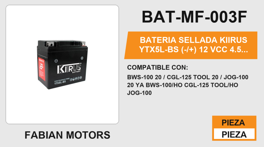 YTX5L-BS (-/+) 12Vcc 4.5Ah (113mm altura / 107mm base / 69mm ancho)