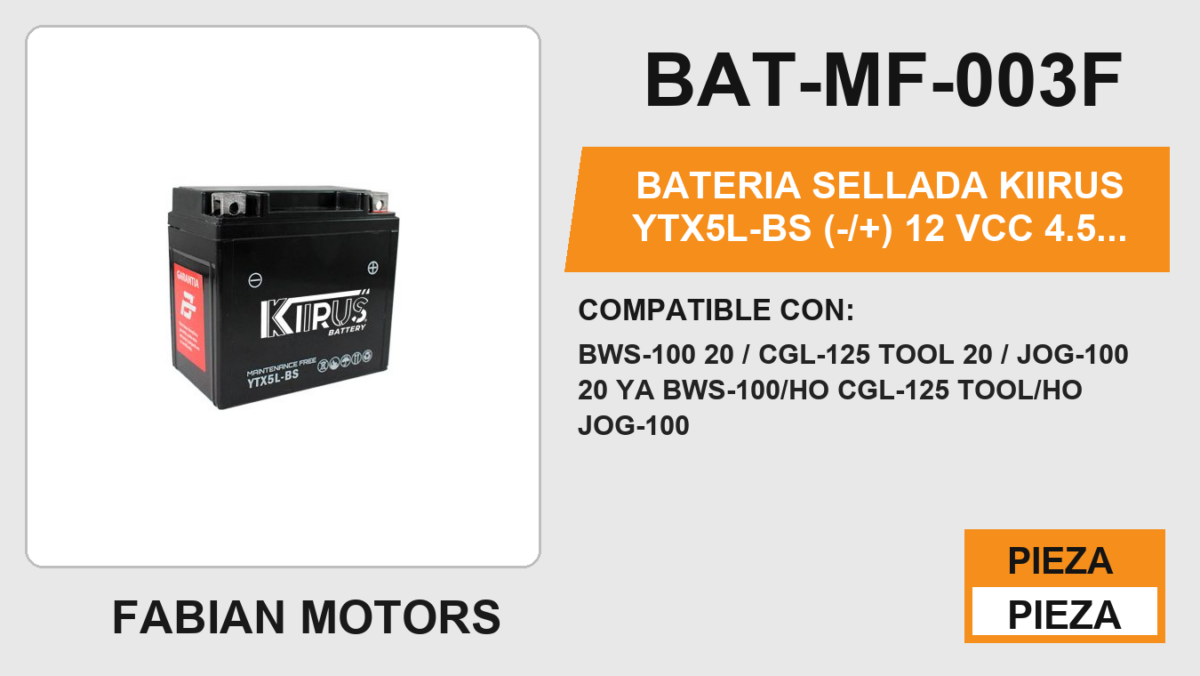 YTX5L-BS (-/+) 12Vcc 4.5Ah (113mm altura / 107mm base / 69mm ancho)