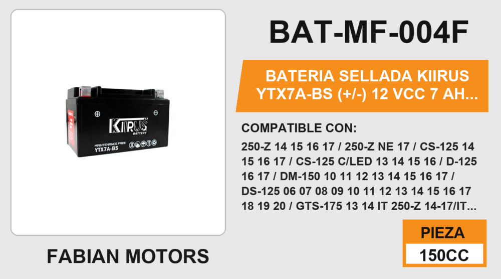 YTX7A-BS (+/-) 12Vcc 7Ah (93mm altura / 149mm base / 85mm ancho)