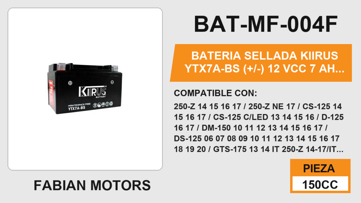 YTX7A-BS (+/-) 12Vcc 7Ah (93mm altura / 149mm base / 85mm ancho)