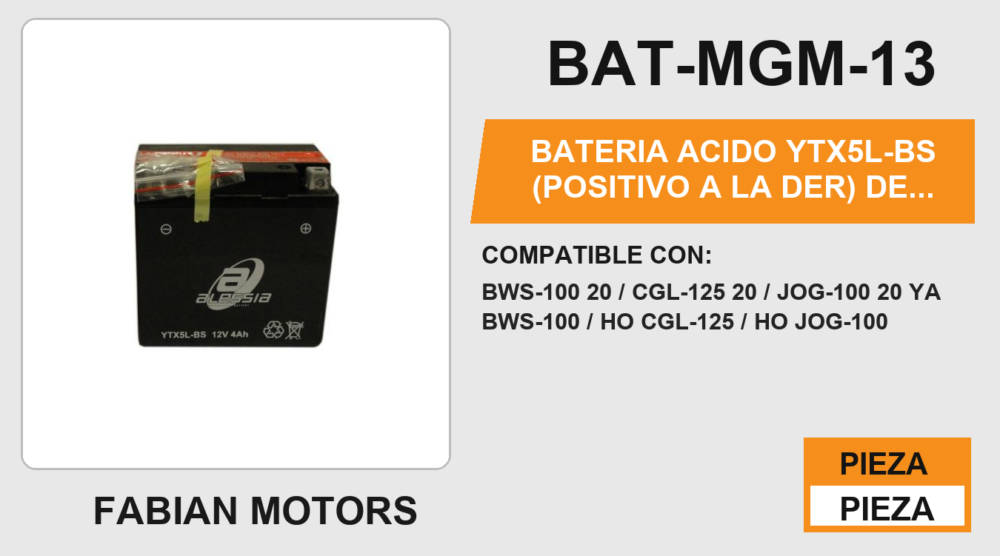 YTX5L-BS (POSITIVO A LA DER) 12Vcc (111mm altura / 117mm base / 76mm ancho)