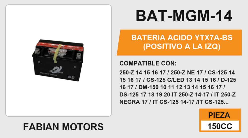 YTX7A-BS (POSITIVO A LA IZQ) 12Vcc (87mm altura / 114mm base / 70mm ancho)