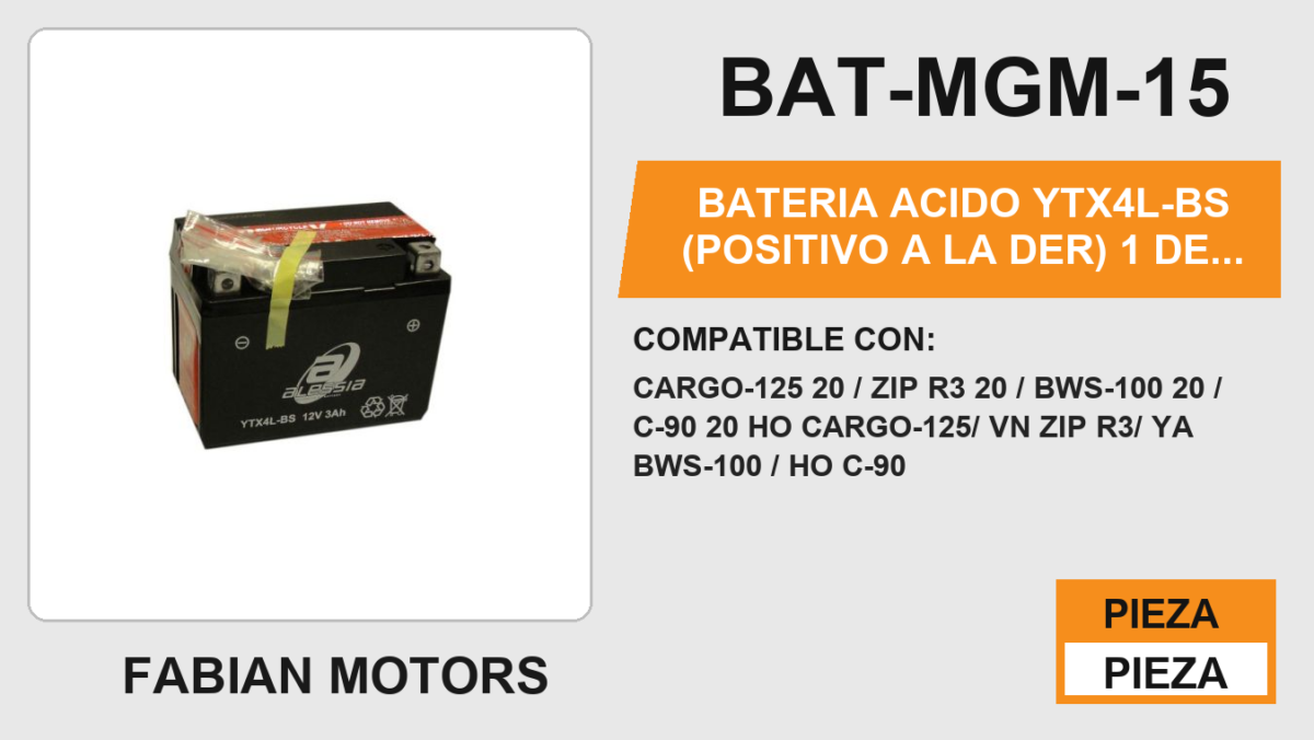 YTX4L-BS (POSITIVO A LA DER) 12Vcc (87mm altura / 114mm base / 70mm ancho)