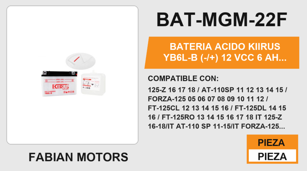 YB6L-B (-/+) 12Vcc 6Ah (95mm altura / 149mm base / 69mm ancho)