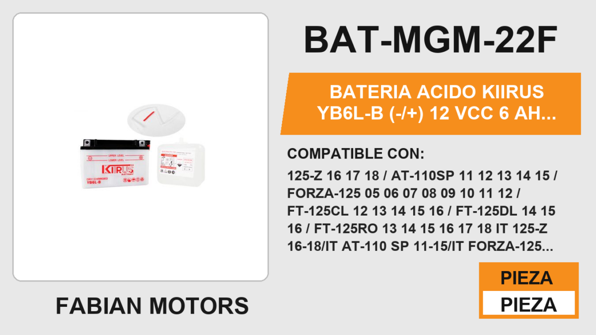 YB6L-B (-/+) 12Vcc 6Ah (95mm altura / 149mm base / 69mm ancho)