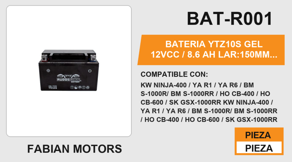 BATERIA YTZ10S GEL 12Vcc / 8.6 Ah LAR:150mm /ALT: 93mm / ANC: 87mm