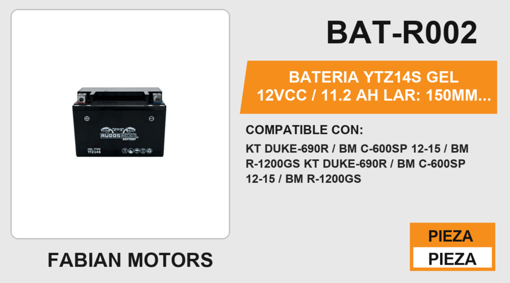 BATERIA YTZ14S GEL 12Vcc / 11.2 Ah LAR: 150mm / ALT: 105mm / ANC: 87mm