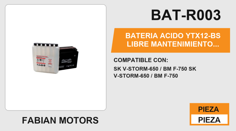 BATERIA  ACIDO  YTX12-BS LIBRE MANTENIMIENTO 12Vcc / 10Ah LAR: 150mm / ALT: 130mm / ANC: 87mm
