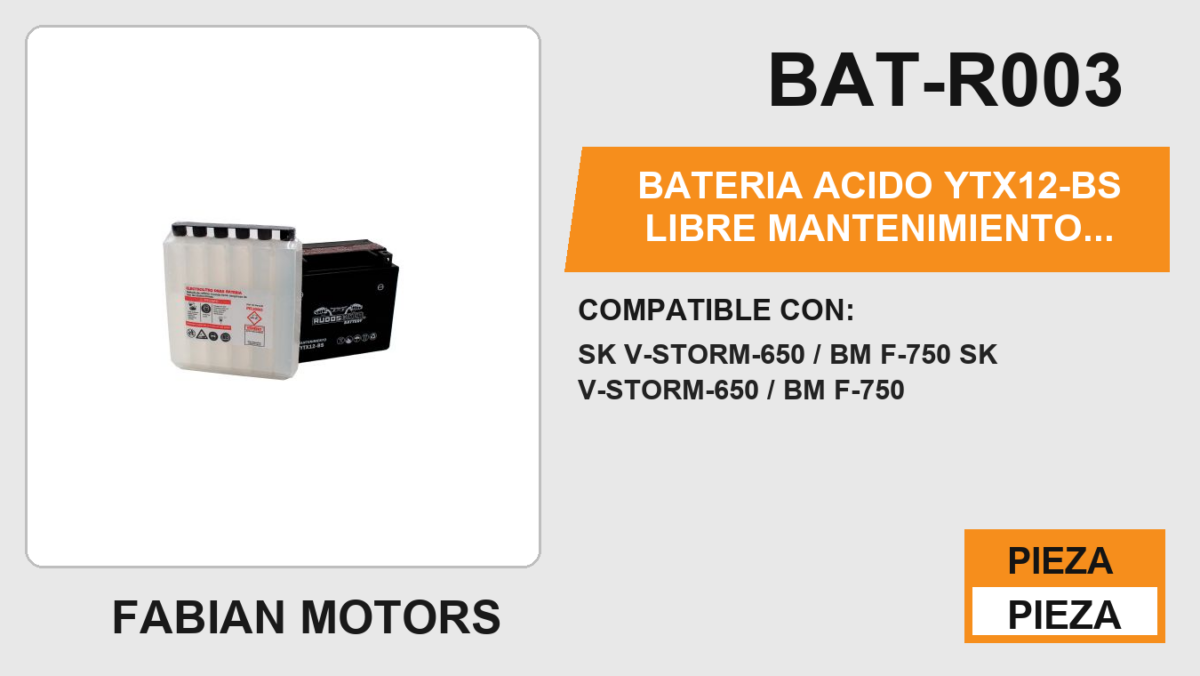BATERIA  ACIDO  YTX12-BS LIBRE MANTENIMIENTO 12Vcc / 10Ah LAR: 150mm / ALT: 130mm / ANC: 87mm