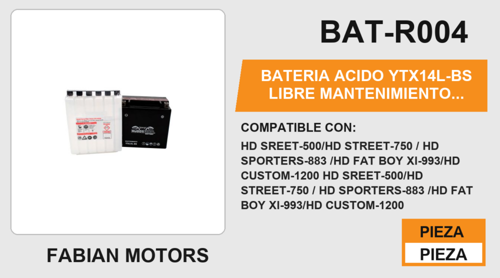 BATERIA ACIDO YTX14L-BS LIBRE MANTENIMIENTO 12Vcc / 12 Ah LAR: 150mm / ALT: 145mm / ANC:87mm