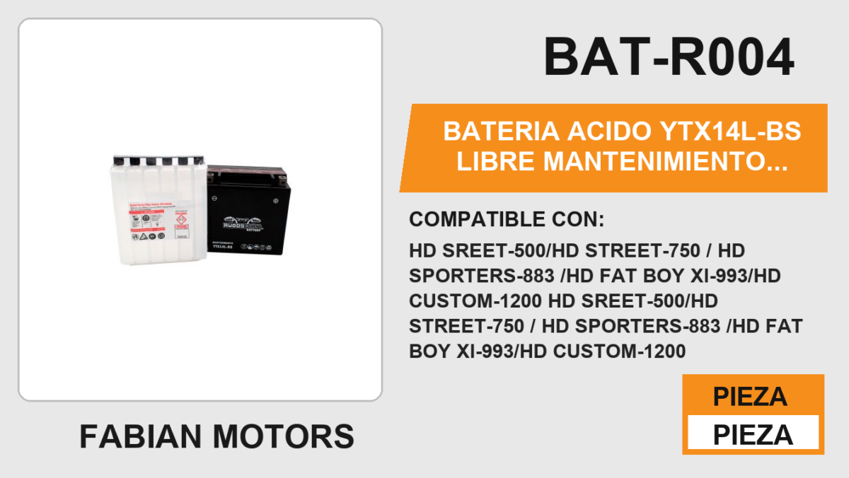 BATERIA ACIDO YTX14L-BS LIBRE MANTENIMIENTO 12Vcc / 12 Ah LAR: 150mm / ALT: 145mm / ANC:87mm