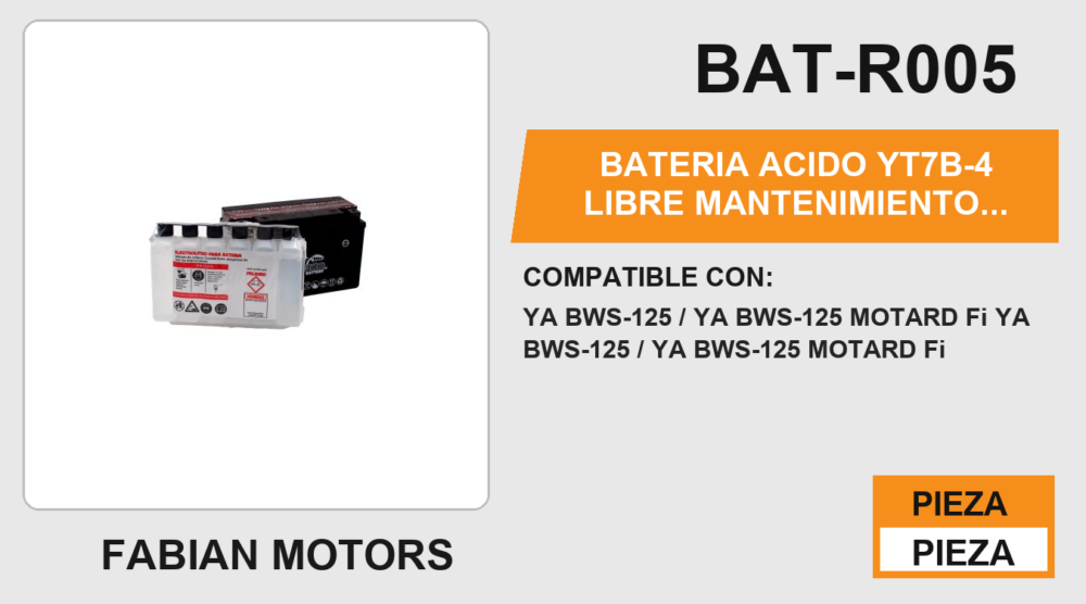 BATERIA ACIDO YT7B-4 LIBRE MANTENIMIENTO 12Vcc / 7 Ah LAR:150mm / ALT: 93mm / ANC: 65mm