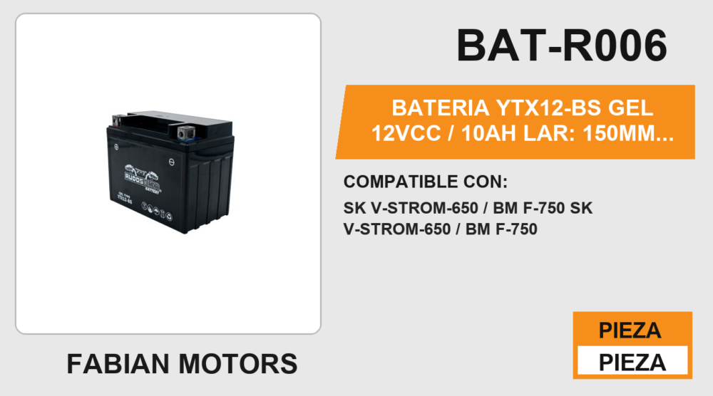 BATERIA YTX12-BS GEL 12Vcc / 10Ah LAR: 150mm / ALT: 120mm / ANC: 87mm