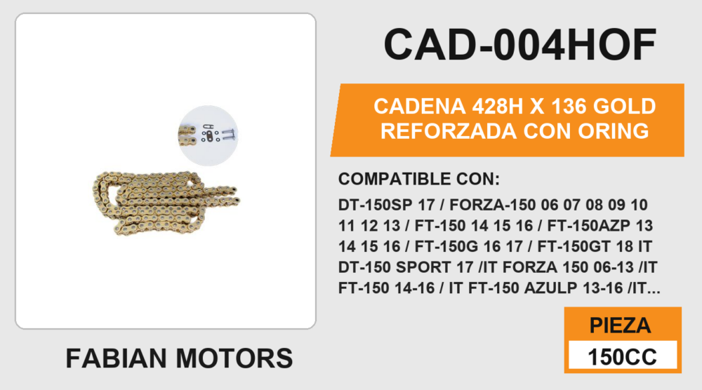 CADENA 428H x 136 GOLD REFORZADA CON ORING
