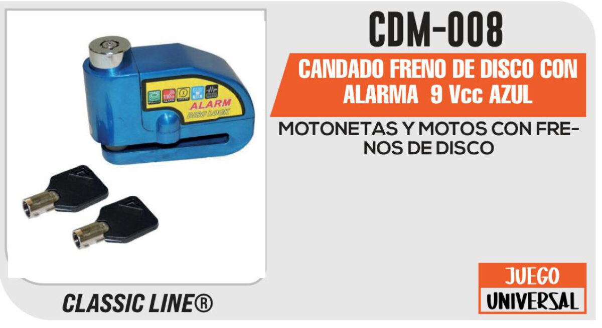 CANDADO FRENO DE DISCO CON ALARMA 9Vcc AZUL