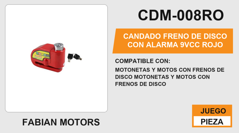 CANDADO FRENO DE DISCO CON ALARMA 9Vcc ROJO