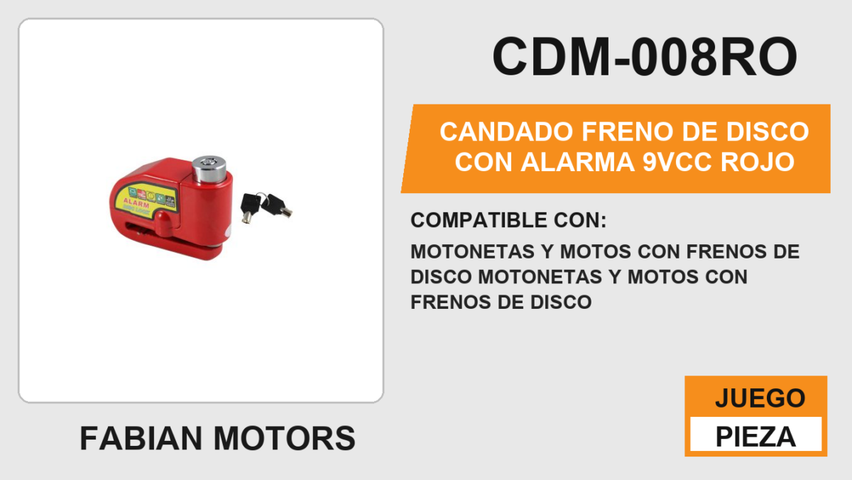 CANDADO FRENO DE DISCO CON ALARMA 9Vcc ROJO