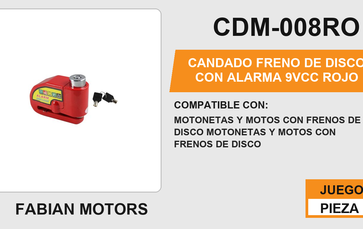 CANDADO FRENO DE DISCO CON ALARMA 9Vcc ROJO