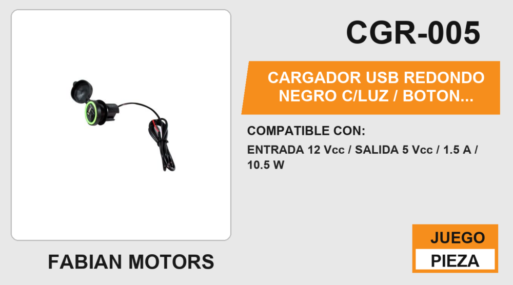 CARGADOR USB REDONDO NEGRO C/LUZ / BOTON ENCENDIDO