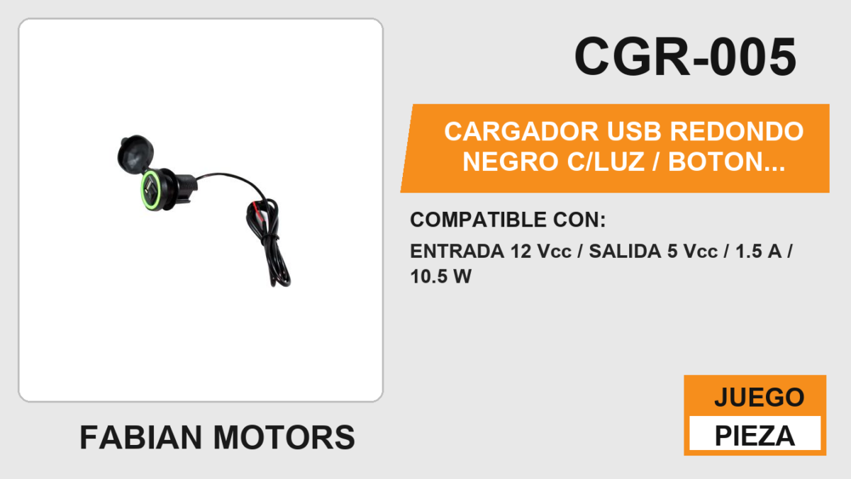 CARGADOR USB REDONDO NEGRO C/LUZ / BOTON ENCENDIDO