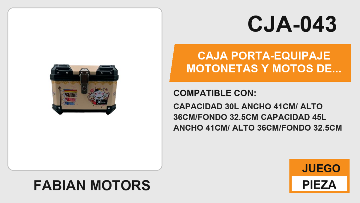 CAJA PORTA-EQUIPAJE MOTONETAS Y MOTOS DE TRABAJO / CAPACIDAD 30L ANCHO 41CM/ ALTO 36CM/FONDO 32.5CM