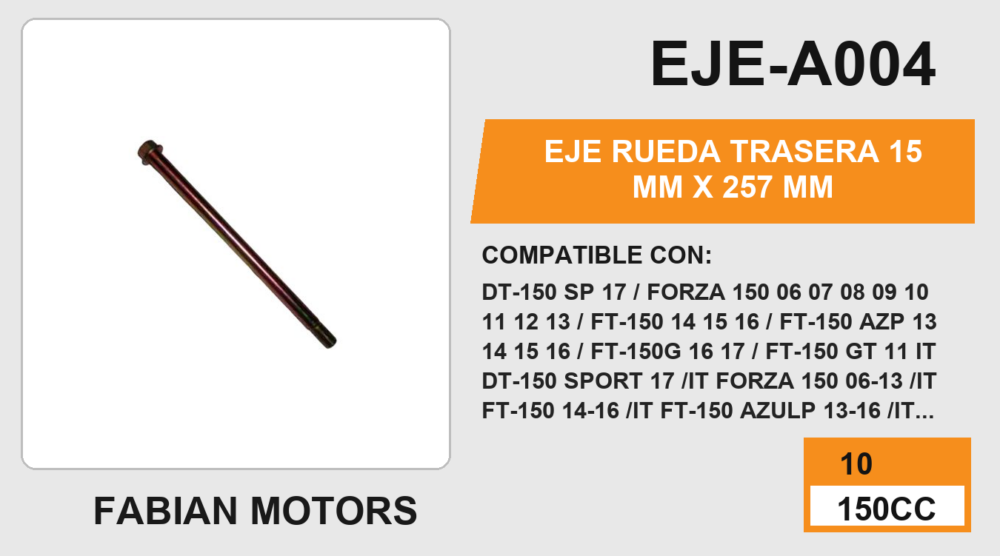EJE RUEDA TRASERA 15mm X 257mm