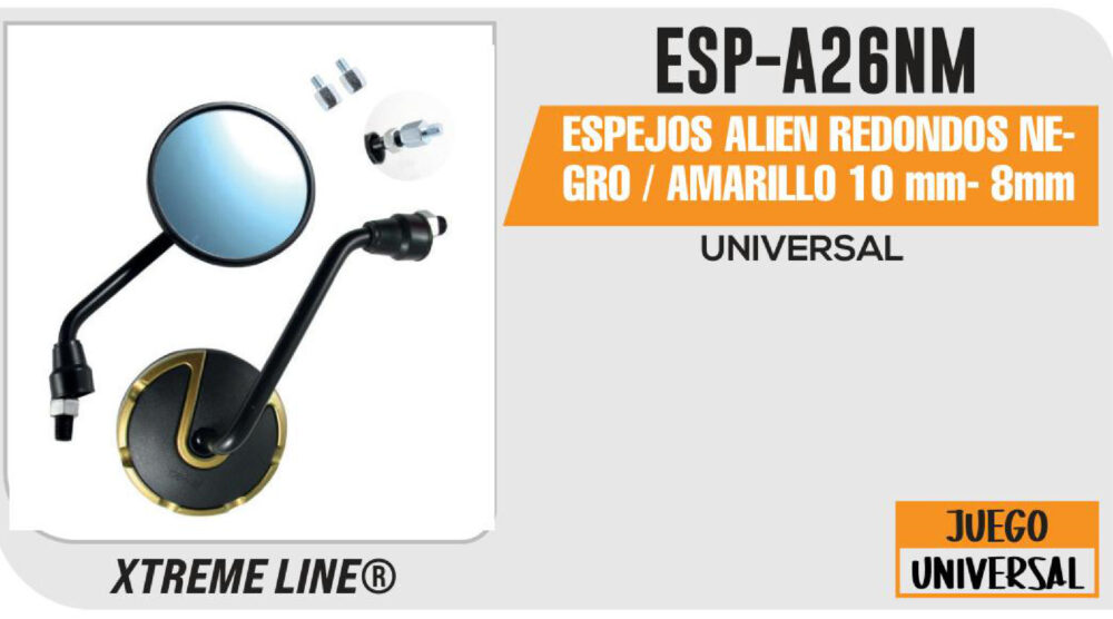 ESPEJOS ALIEN REDONDOS NEGROS / AMARILLO 10mm - 8mm