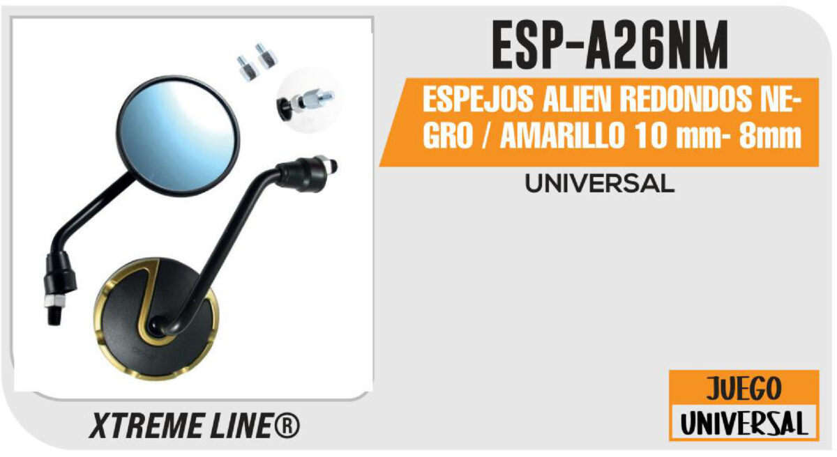ESPEJOS ALIEN REDONDOS NEGROS / AMARILLO 10mm - 8mm