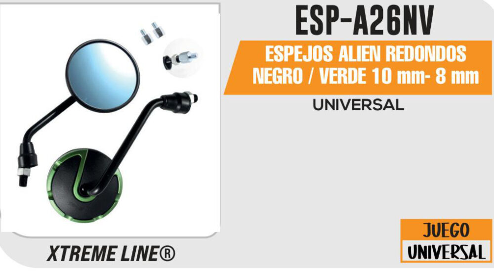 ESPEJOS ALIEN REDONDOS NEGROS / VERDE 10mm - 8mm
