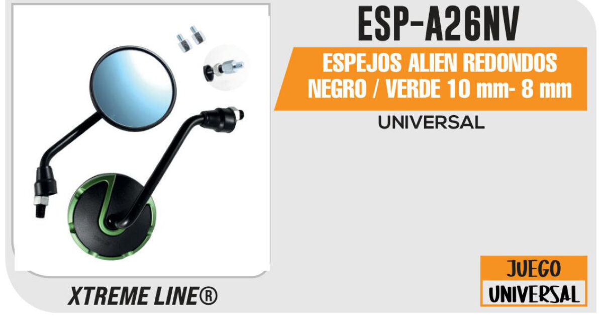 ESPEJOS ALIEN REDONDOS NEGROS / VERDE 10mm - 8mm