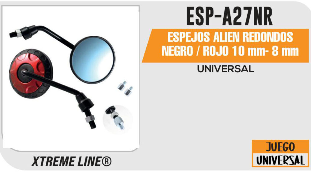 ESPEJOS ALIEN REDONDOS NEGROS / ROJO 10mm - 8mm