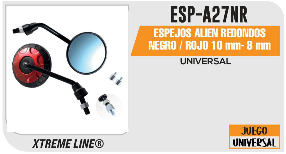 ESPEJOS ALIEN REDONDOS NEGROS / ROJO 10mm - 8mm